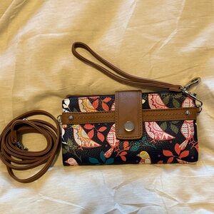 Colorful Bird Print Wristlet Clutch with Brown Strap